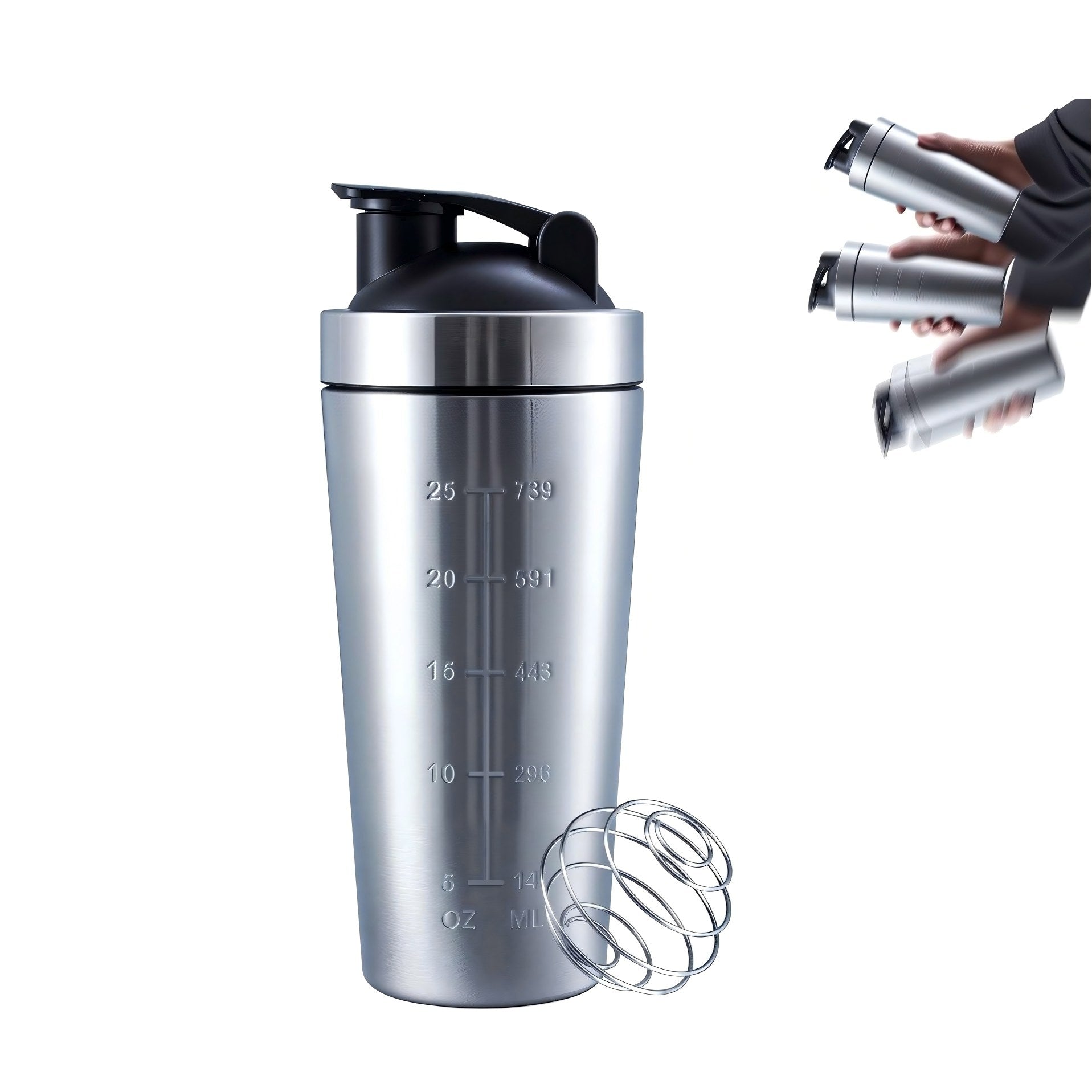 Stainless Steel Shaker Bottle with Embossed Measurement Marks - Wide Mouth Flip Spout